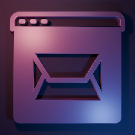 Purple Website and envelope, new message, mail icon isolated on purple-blue background. Usage for e-mail newsletters, headers, blog posts. Minimalism concept. 3D render illustration.の写真素材
