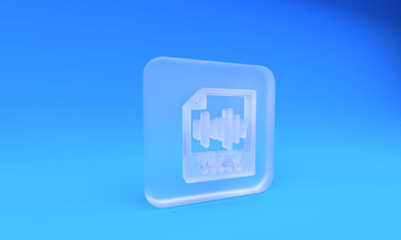 Frosted glass WAV file document. Download wav button icon isolated on blue background. WAV waveform audio file format for digital audio riff files. Square frosted glass button. 3D render illustration.の写真素材