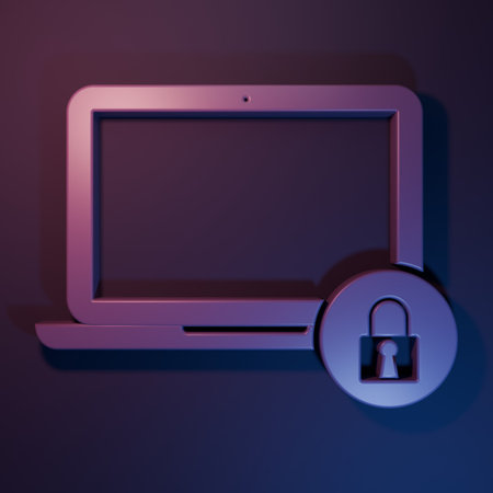 Purple Laptop and lock icon isolated on purple-blue background. Computer and padlock. Security, safety, protection concept. Safe internetwork. Minimalism concept. 3D render illustration.の写真素材