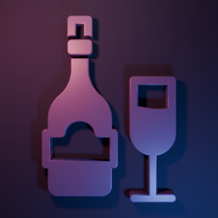 Purple Champagne bottle with glass icon isolated on purple-blue background. Minimalism concept. 3D render illustration.の写真素材