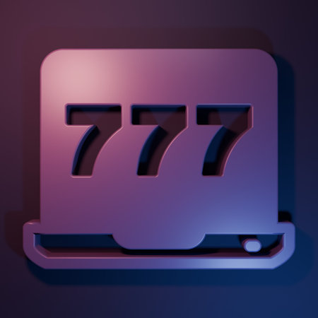 Purple Laptop and slot machine with lucky sevens jackpot icon isolated on purple-blue background. Online casino. Minimalism concept. 3D render illustration.の写真素材