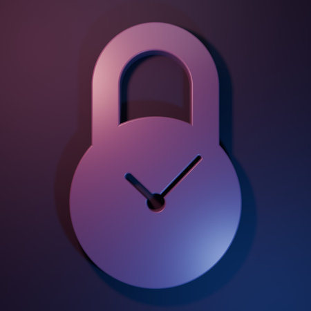 Purple Padlock with clock icon isolated on purple-blue background. Time control concept. Lock and countdown, deadline, schedule, planning symbol. Minimalism concept. 3D render illustration.の写真素材