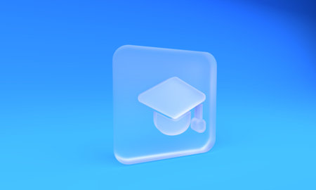 Frosted glass Graduation cap icon isolated on blue background. Graduation hat with tassel icon. Square frosted glass button. 3D render illustration.の写真素材
