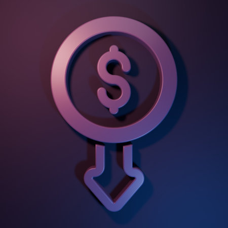 Purple Dollar rate decrease icon isolated on purple-blue background. Cost reduction. Money symbol...