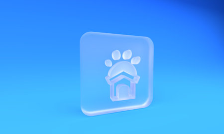 Frosted glass Animal shelter house icon isolated on blue background. Square frosted glass button. 3D render illustration.の写真素材