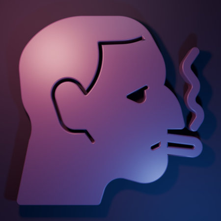 Purple Man smoking a cigarette icon isolated on purple-blue background. Tobacco sign. Minimalism concept. 3D render illustration.の写真素材