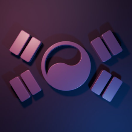 Purple South Korea flag icon isolated on purple-blue background. Minimalism concept. 3D render illustration.の写真素材