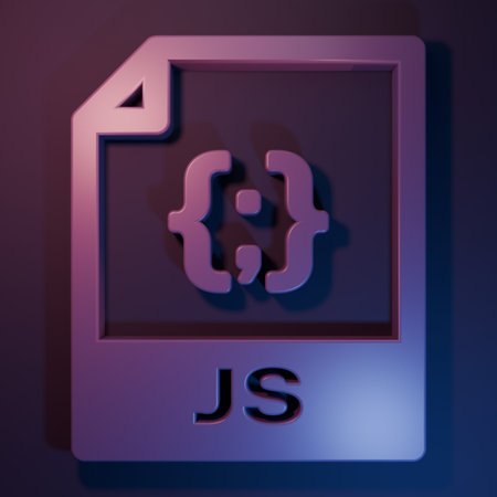 Purple JS file document. Download js button icon isolated on purple-blue background. JS file symbol. Minimalism concept. 3D render illustration.の写真素材