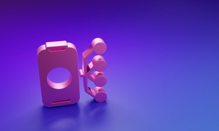 Pink Neural network icon isolated on purple-blue background. Artificial intelligence AI. Minimalism concept. 3D render illustration.の写真素材