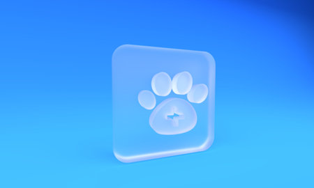 Frosted glass Veterinary clinic symbol icon isolated on blue background. Cross hospital sign. A stylized paw print dog or cat. Pet First Aid sign. Square frosted glass button. 3D render illustration.の写真素材