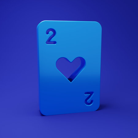 Blue Playing card with heart symbol icon isolated on blue background. Casino gambling. Minimalism concept. 3D render illustration.の写真素材