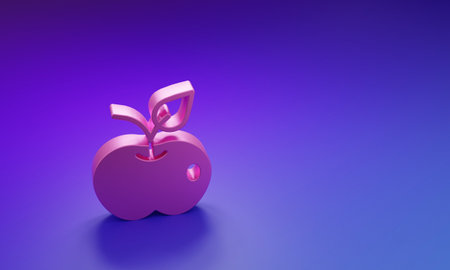 Pink Apple icon isolated on purple-blue background. Excess weight. Healthy diet menu. Fitness diet apple. Minimalism concept. 3D render illustration.の写真素材