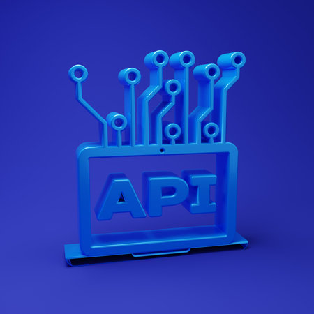 Blue Computer api interface icon isolated on blue background. Application programming interface API technology. Software integration. Minimalism concept. 3D render illustration.の写真素材
