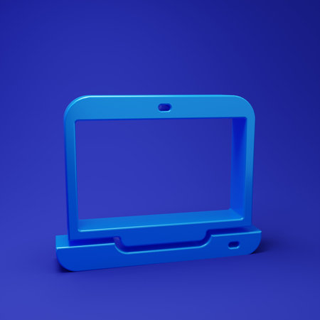 Blue Laptop icon isolated on blue background. Computer notebook with empty screen sign. Minimalism concept. 3D render illustration.の写真素材