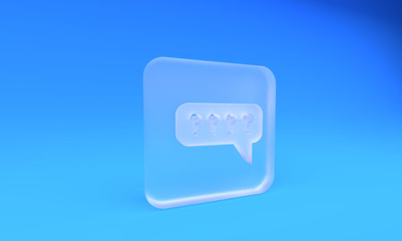 Frosted glass Speech bubbles with Question icon isolated on blue background. FAQ sign. Chat speech bubble and chart. Square frosted glass button. 3D render illustration.の写真素材