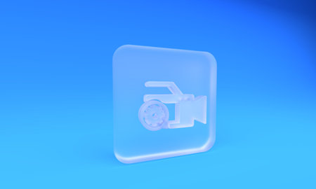 Frosted glass Video camera and gear icon isolated on blue background. Adjusting app, service...