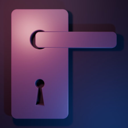 Purple Door handle icon isolated on purple-blue background. Door lock sign. Minimalism concept. 3D render illustration.の写真素材