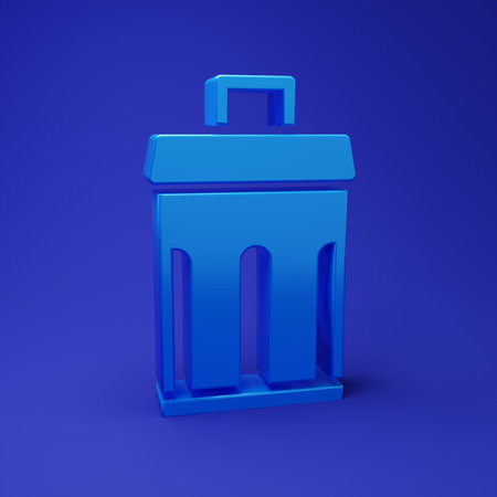 Blue Trash can icon isolated on blue background. Garbage bin sign. Recycle basket icon. Office trash icon. Minimalism concept. 3D render illustration.の写真素材
