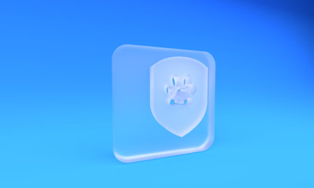 Frosted glass Animal health insurance icon isolated on blue background. Pet protection icon. Dog or cat paw print. Square frosted glass button. 3D render illustration.の写真素材