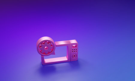 Pink Microwave oven and gear icon isolated on purple-blue background. Adjusting app, service concept, setting options, maintenance, repair, fixing. Minimalism concept. 3D render illustration.の写真素材