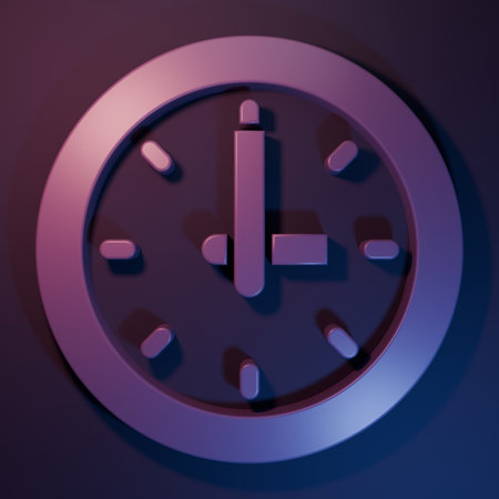 Purple Clock icon isolated on purple-blue background. Time symbol. Minimalism concept. 3D render illustration.の写真素材