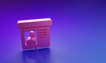 Pink Projection screen icon isolated on purple-blue background. Business presentation visual content like slides, infographics and video. Minimalism concept. 3D render illustration.の写真素材