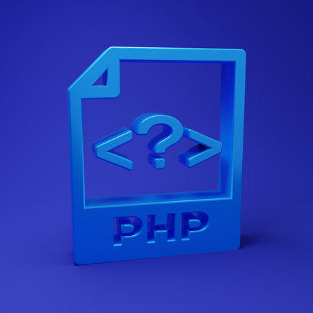 Blue PHP file document. Download php button icon isolated on blue background. PHP file symbol. Minimalism concept. 3D render illustration.の写真素材
