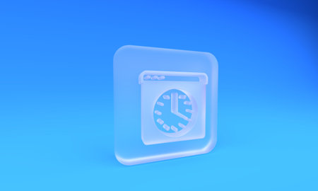 Frosted glass Browser window icon isolated on blue background. Square frosted glass button. 3D...