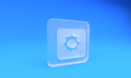 Frosted glass Setting icon isolated on blue background. Tools, service, cog, gear, cogwheel sign. Square frosted glass button. 3D render illustration.の写真素材