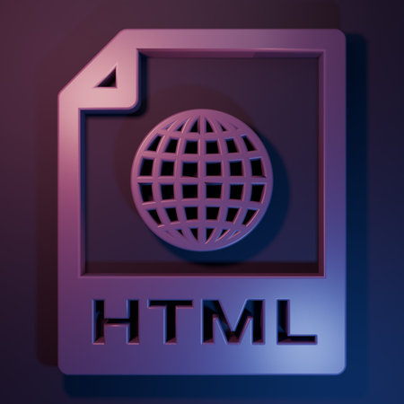 Purple HTML file document. Download html button icon isolated on purple-blue background. HTML file...