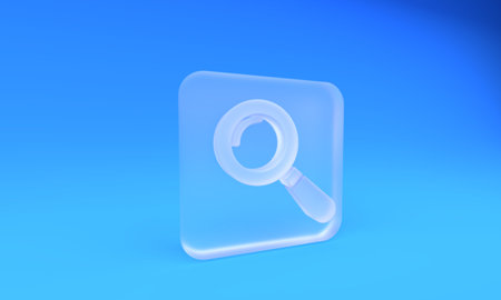 Frosted glass Magnifying glass icon isolated on blue background. Search, focus, zoom, business symbol. Square frosted glass button. 3D render illustration.の写真素材