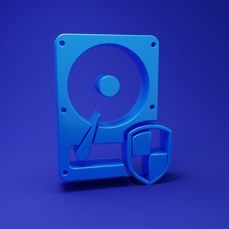 Blue Hard disk drive HDD protection icon isolated on blue background. Minimalism concept. 3D render...