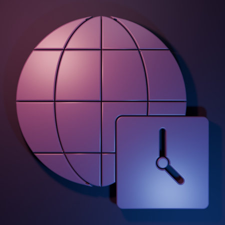 Purple World time icon isolated on purple-blue background. Clock and globe. Minimalism concept. 3D...