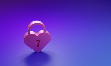 Pink Castle in the shape of a heart icon isolated on purple-blue background. Locked Heart. Love symbol and keyhole sign. Minimalism concept. 3D render illustration.の写真素材
