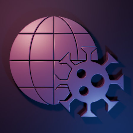 Purple Earth globe with virus icon isolated on purple-blue background. Corona virus 2019-nCoV. Bacteria and germs, cell cancer, microbe, fungi. Minimalism concept. 3D render illustration.の写真素材