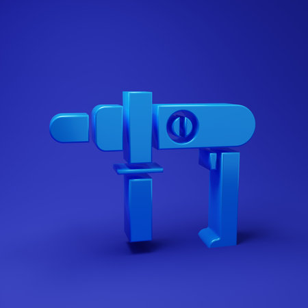 Blue Electric drill machine icon isolated on blue background. Repair tool. Minimalism concept. 3D render illustration.の写真素材