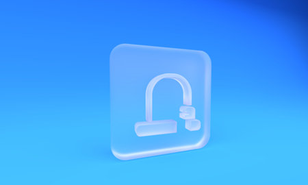 Frosted glass Bicycle lock U shaped industrial icon isolated on blue background. Square frosted glass button. 3D render illustration.の写真素材