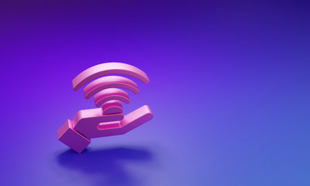 Pink 5G new wireless internet wifi connection icon isolated on purple-blue background. Global network high speed connection data rate technology. Minimalism concept. 3D render illustration.の写真素材