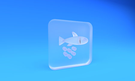 Frosted glass Fish with caviar icon isolated on blue background. Square frosted glass button. 3D...