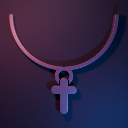 Purple Christian cross on chain icon isolated on purple-blue background. Church cross. Minimalism concept. 3D render illustration.の写真素材
