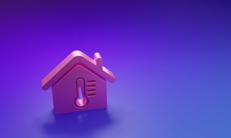 Pink House temperature icon isolated on purple-blue background. Thermometer icon. Minimalism concept. 3D render illustration.の写真素材