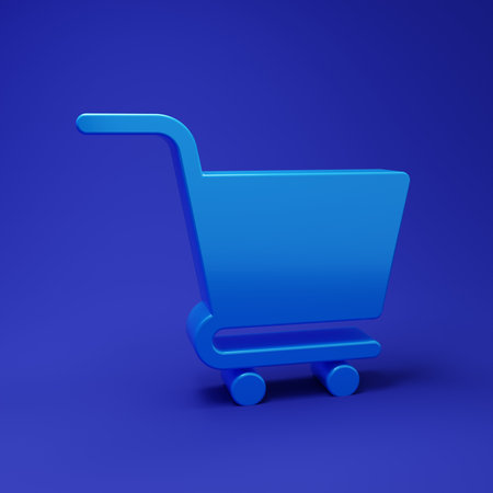 Blue Shopping cart icon isolated on blue background. Online buying concept. Delivery service sign. Supermarket basket symbol. Minimalism concept. 3D render illustration.の写真素材