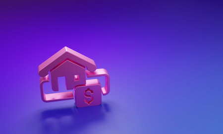 Pink Hanging sign with text Sale icon isolated on purple-blue background. Signboard with text Sale. Minimalism concept. 3D render illustration.の写真素材