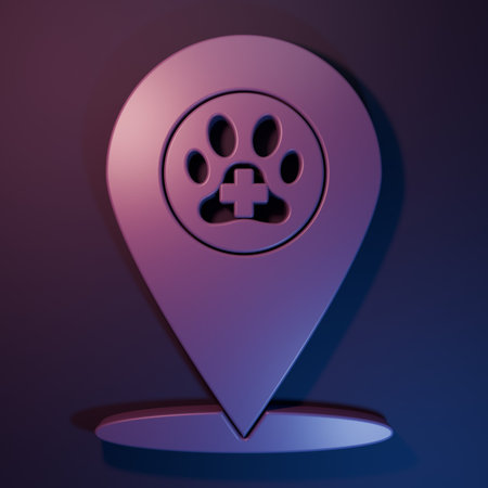 Purple Map pointer with veterinary medicine hospital, clinic or pet shop for animals icon isolated on purple-blue background. Vet or veterinarian clinic. Minimalism concept. 3D render illustration.の写真素材
