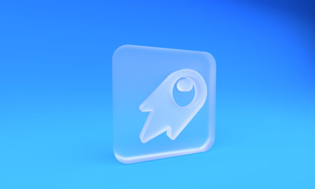 Frosted glass Comet falling down fast icon isolated on blue background. Square frosted glass button....