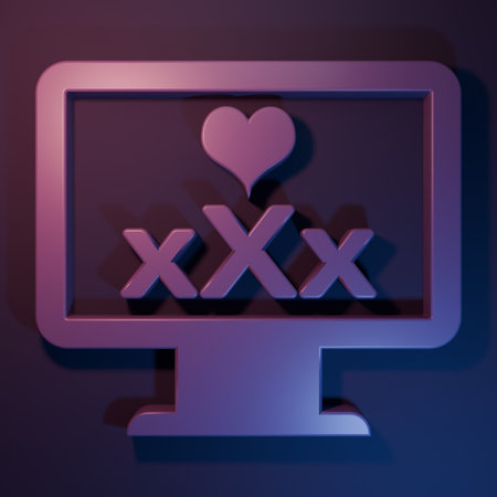 Purple Computer monitor with 18 plus content heart icon isolated on purple-blue background. Age...
