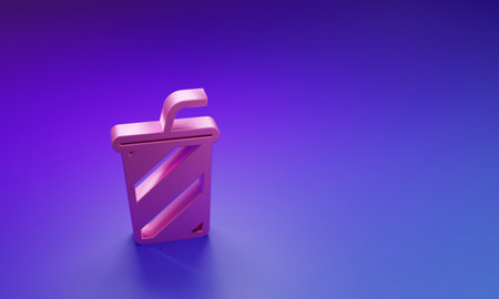 Pink Glass with water icon isolated on purple-blue background. Soda drink glass with drinking straw. Fresh cold beverage symbol. Minimalism concept. 3D render illustration.の写真素材