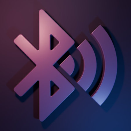 Purple Bluetooth connected icon isolated on purple-blue background. Minimalism concept. 3D render illustration.の写真素材