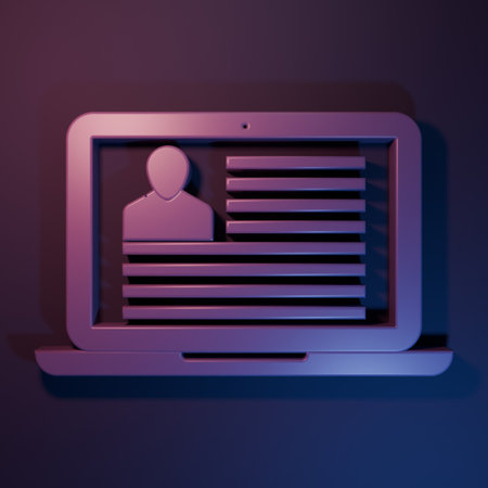 Purple Laptop with resume icon isolated on purple-blue background. CV application. Searching professional staff. Analyzing personnel resume. Minimalism concept. 3D render illustration.の写真素材