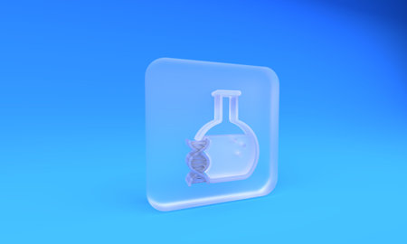 Frosted glass DNA research, search icon isolated on blue background. Genetic engineering, genetics testing, cloning, paternity testing. Square frosted glass button. 3D render illustration.の写真素材